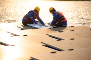 Photovoltaic engineers work on floating photovoltaics. Inspect and repair the solar panel equipment...