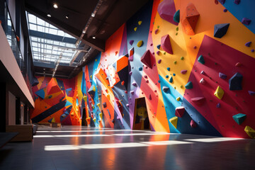 modern climbing wall for training climbers in the gym