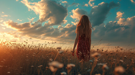 Eine junge Frau stet auf einem Feld und blickt in den Himmel - obrazy, fototapety, plakaty