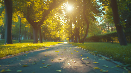 Ein Fussweg durch einen grünen Park mit Bäumen und etwas Laub während die Sonne scheint - obrazy, fototapety, plakaty