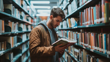 Ein junger Mann steht in einer Bibliothek und liest ein Buch - obrazy, fototapety, plakaty