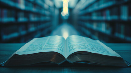 Ein Buch liegt offen auf einem Tisch oder Lesepult in einer Bibliothek die Lichtstimmung ist blau - obrazy, fototapety, plakaty