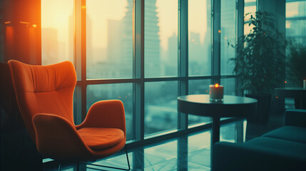 Retro Designer Stuhl in einer Lounge oder Zimmer in einem Hochhaus mit einer Glasfasade und Blick über die Stadt - auf einem Tisch steht eine Kerze