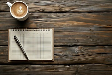 Inviting workspace setting captured in photograph featuring notebook steaming cup of coffee and pen thoughtfully on wooden table symbolizes blend of work creativity and simple pleasures of life