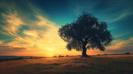 Ein Baum mitten auf einer Wiese während des Sonnenaufgang oder Untergang - Der Baum ist Stabilität - obrazy, fototapety, plakaty