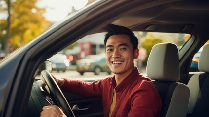 Close-up of a handsome happy smiling Asian man driving a car in the city. Car purchase and rental, travel and vacation concepts.