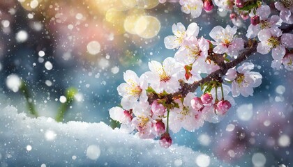 Cherry Blossom Blooming through the Last days of Winter - Announcement of Spring - Frozen or Snowed on Sakura Flowers