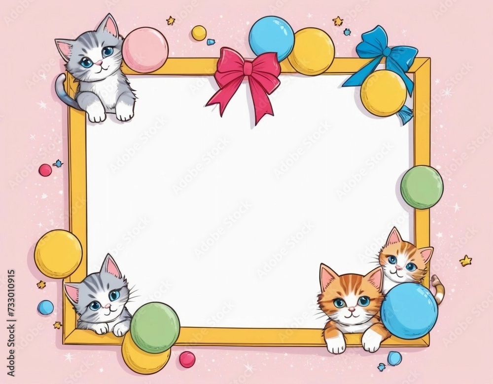 Aufkleber Letterhead for a greeting card with a frame decorated with figures of kittens with colorful balls and a free place to insert text on a pink background