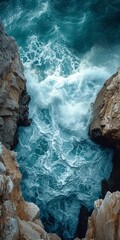 A turbulent ocean crashing against rugged cliffs, the waves frozen in time, each droplet frozen mid-air, capturing the raw strength of nature's expression.
