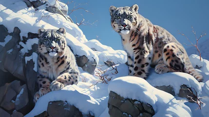 Crédence de cuisine en verre imprimé Léopard Snow leopards in a snowy landscape.