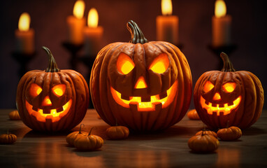 Fototapeta premium Candlelit Pumpkins: A Trio of Terror - Halloween Jack-o'-Lantern