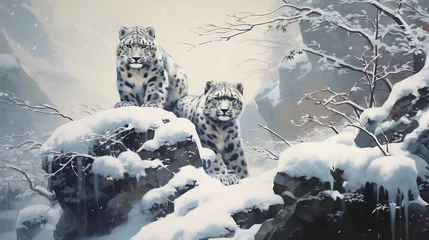 Fotobehang Snow leopards in a snowy landscape. © Muhammad