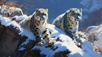 Snow leopards in a snowy landscape.
