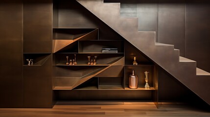 Bronze-clad hidden storage compartments under stairs with patina accents