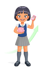 Asian girl with piggy bank and calculator. Smart kid saving money for future. Isolated vector illustration.