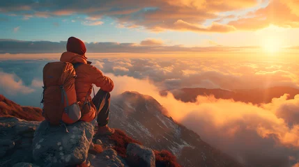 Foto op Canvas A man with a backpack sits on a mountain peak and watches the sun rise above the clouds. © wing