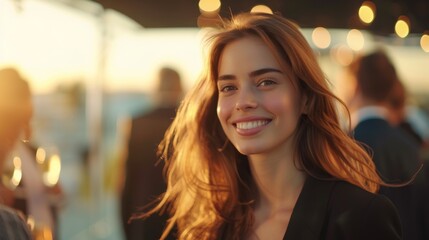 confident businesswoman with a smile at a social event on a rooftop terrace