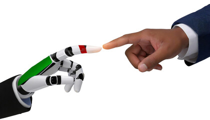AI, Machine learning, Hands of robot and human touching on white backgorund	
