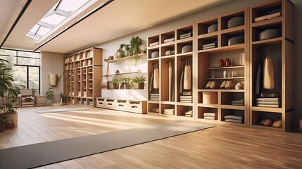 A yoga studio with built-in storage for mats and accessories - obrazy, fototapety, plakaty
