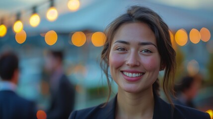 Obraz premium confident businesswoman with a smile at a social event on a rooftop terrace