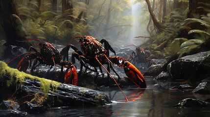 Tasmanian giant freshwater lobsters in streams.