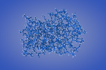 Structure of human sonic hedgehog in complex with zinc and magnesium on blue background. Molecular model based on protein data bank entry 6pjv. 3d illustration