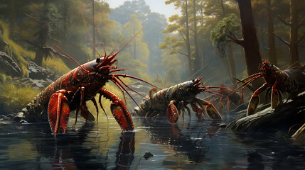 Tasmanian giant freshwater lobsters in streams.