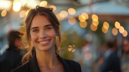 Obraz premium confident businesswoman with a smile at a social event on a rooftop terrace