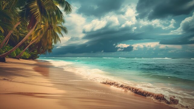 Beautiful beach with palm trees and moody sky. Summer vacation travel holiday background concept.