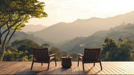 Fototapeta premium Serene morning scene with chairs arranged strategically to enjoy the breathtaking mountain panorama.