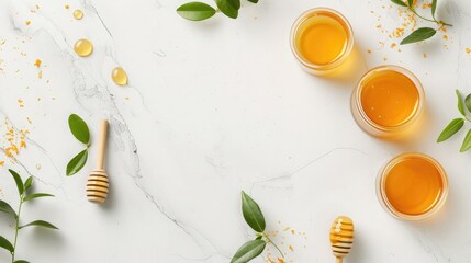 Composition with fresh honey on white background, top view - obrazy, fototapety, plakaty