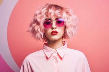 a woman with pink hair and pink sunglasses