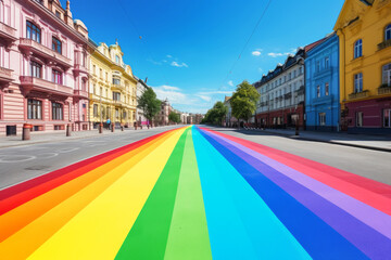rainbow painted on a road in the center of the city