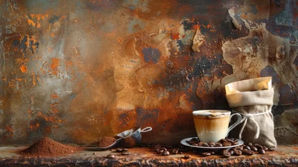 Foto op Aluminium Cup of coffee, bag and scoop on old rusty background © buraratn