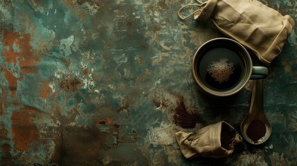 Cup of coffee, bag and scoop on old rusty background