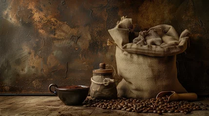 Fotobehang Cup of coffee, bag and scoop on old rusty background © buraratn