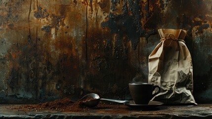 Cup of coffee, bag and scoop on old rusty background
