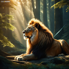 Fototapeta premium The king of lion In A Fantasy Forest
