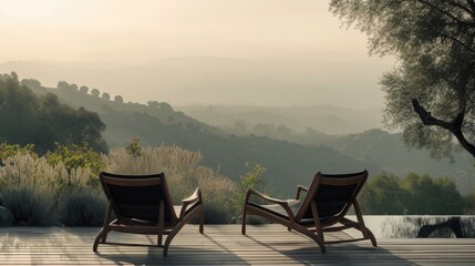 Fototapeta premium Serene morning scene with chairs arranged strategically to enjoy the breathtaking mountain panorama.