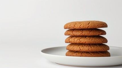 gingerbread cookie leans on a stack on cookies on a white plate isolated on a white background; copy space on right