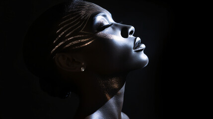 Close up portrait of a beautiful African American woman with black make-up and gold jewelry.