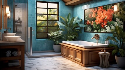 A tropical-themed bathroom featuring bamboo elements and vibrant tile patterns