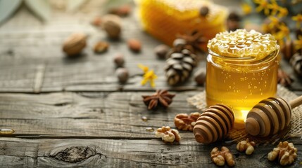 Honey background. Sweet honey in the comb, glass jar with nuts. On wooden background. - obrazy, fototapety, plakaty