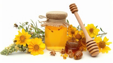 honey dipper and honey in jar on white background