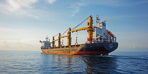 A freight vessel equipped with large lifting cranes is sailing in tranquil conditions.