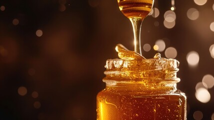 Honey drip in jar on the table - obrazy, fototapety, plakaty