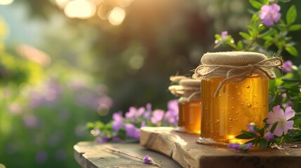 Honey in glass jars with flowers background.