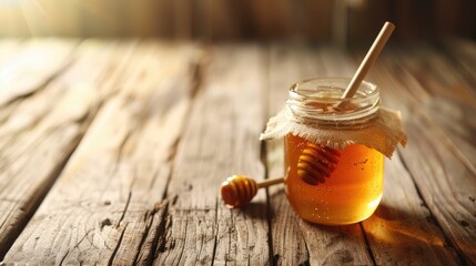 Honey in jar with honey dipper on vintage wooden background - obrazy, fototapety, plakaty