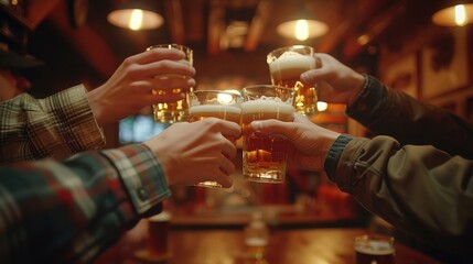 people, men, leisure, friendship and celebration concept - happy male friends drinking beer and clinking glasses at bar or pub - obrazy, fototapety, plakaty