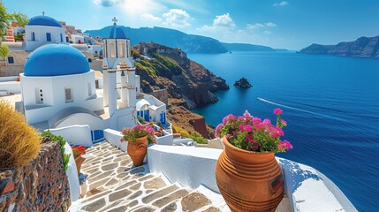The Greek island boasts a picturesque village against a backdrop of azure skies. - obrazy, fototapety, plakaty